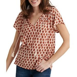 Lucky Brand Cream Red Printed Smocked Top Blouse Size Small S